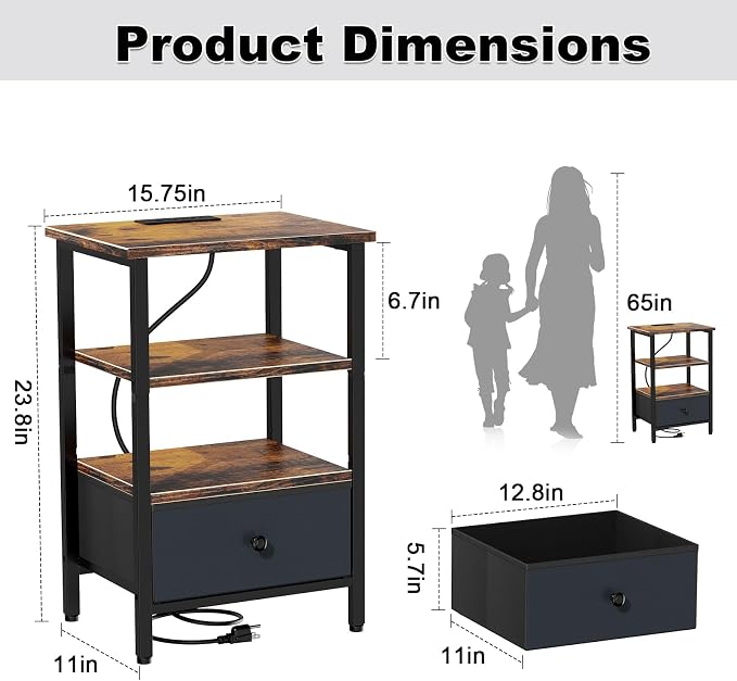 Side Table with Charging Station, Nightstand with Adjustable Fabric Drawer - Image 2