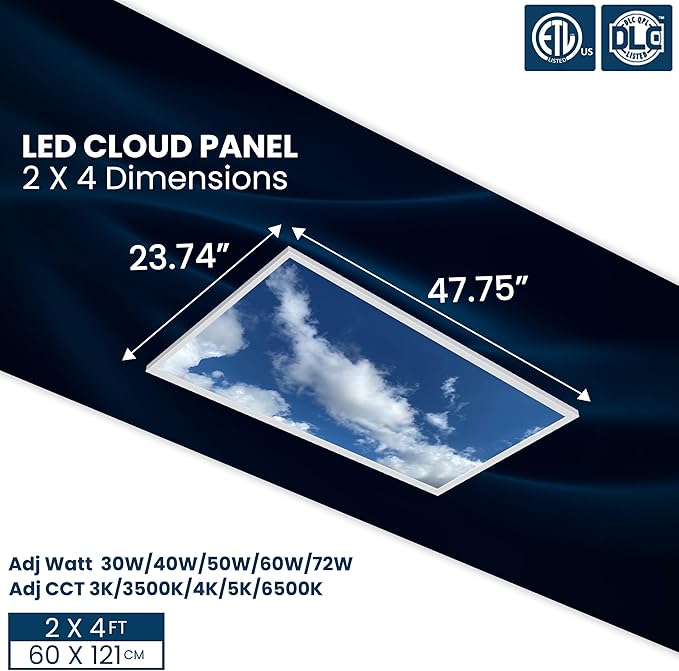 4-Pack 2x4 LED Flat Panel Light, Drop Ceiling Light Fixture with Cloud Design Tunable 30W-72W, 8750 Lumens 4000K/5000K/6500K CCT, 0-10V Dimmable Skylight ETL & DLC, 120-277V 48x24 Inch LED Panel