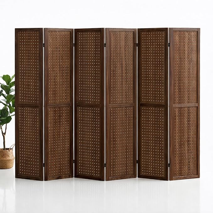 6 Panel Pegboard Room Divider, Folding Privacy Screen, Freestanding Wooden - Image 8