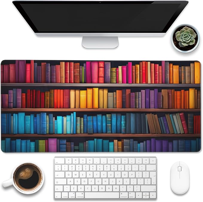 Eflxamz Large Gaming Mouse Pad for Desk,Bookshelves Full of Books Desk Mat,Colorful Books Desk Pad,Extended Big Computer Keyboard Mouse Pad with Non-Slip Base and Stitched Edge,35.4"x15.7"