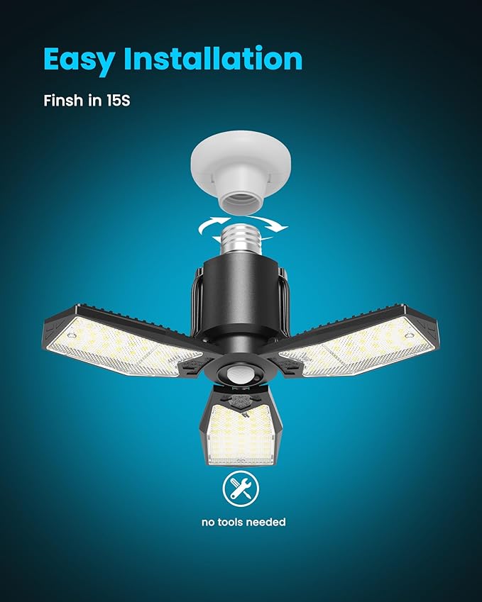 Kryoza 4-Pack Garage Lights with Motion Sensor, 8000LM Motion Sensor Light Indoor with 3 Deformable Design and Auto-Off, E26 Screw-in 6500K Motion Activated Bulbs for Ceiling/Basement