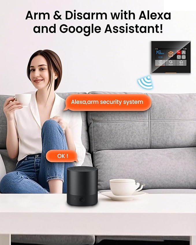 NGTeco 9-Piece Home Security Alarm Kit, Wi-Fi Home Security System with 4.3" Touchscreen, Motion Sensor, 5 Entry Sensors, Window and Door Protection - No Contract, Compatible with Alexa & Google