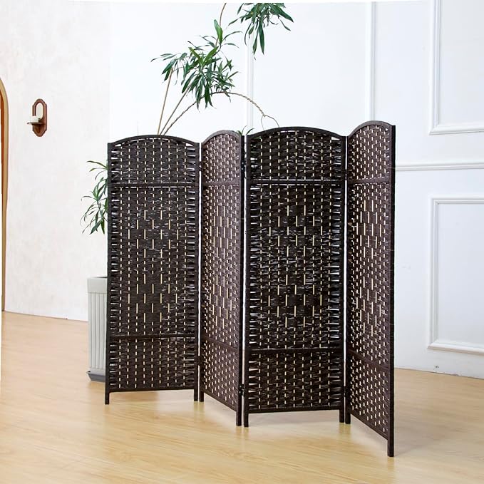 Compact 4 Panel Short Room Divider, 47.2 Inch Tall Double-Sided Rattan Folding by PawlaBay