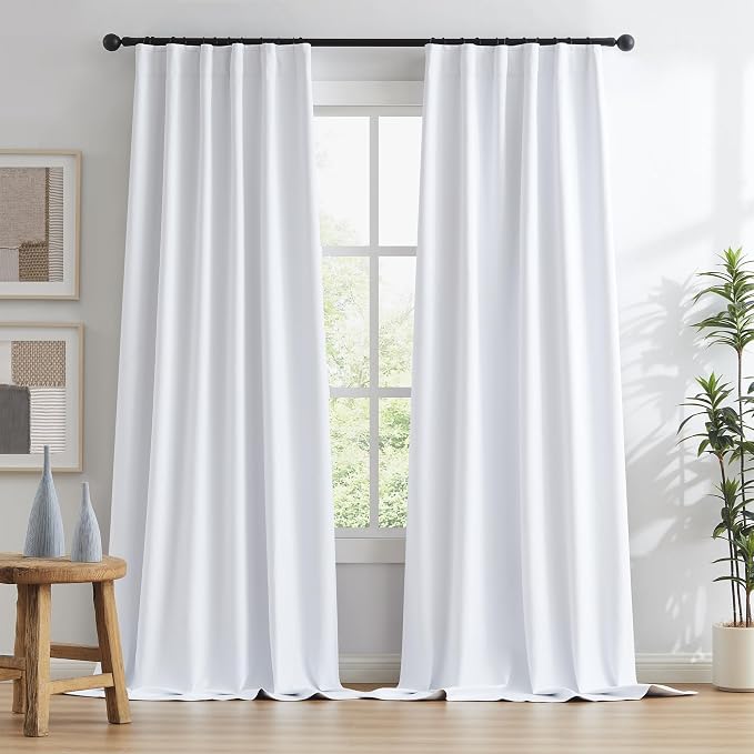 White Blackout Curtains 120 Inches Long 2 Panels Back Tab Pocket Hook Belt Full - Image 2
