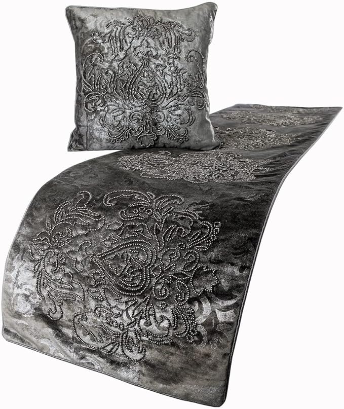 HomeCentric Designer Handmade Bed Runner with Decorative Throw Pillow Cover, 68 x 18 Inch Damask Foil Velvet Embroidery Bed Scarf