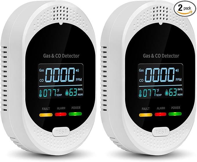2PCS 4-in-1 Carbon Monoxide & Natural Gas Detectors with Temperature/Humidity LCD Display, Plug in Co Leak Detector Propane Monitor for Home Travel RV Essentials, Sound Alarm Over 85dB