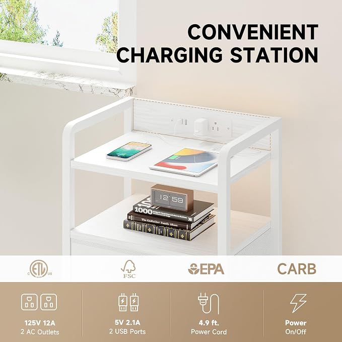 Lazzanto Nightstand with Rear Charging Station, LED Light, 3 Drawers, 2 USB-A - Image 5