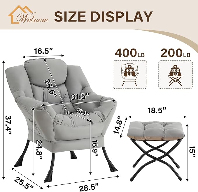 Welnow Lazy Chair with Ottoman, Reading Chair with Footrest, Light Grey | A - Image 3