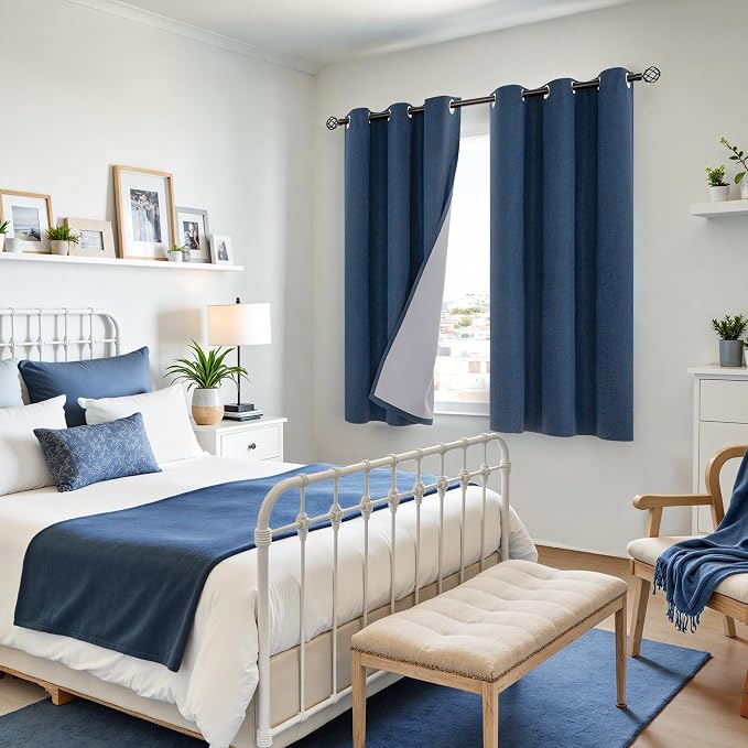 YoungsTex Navy Blue Linen Blackout Curtains 45 Inch Length - Image 4