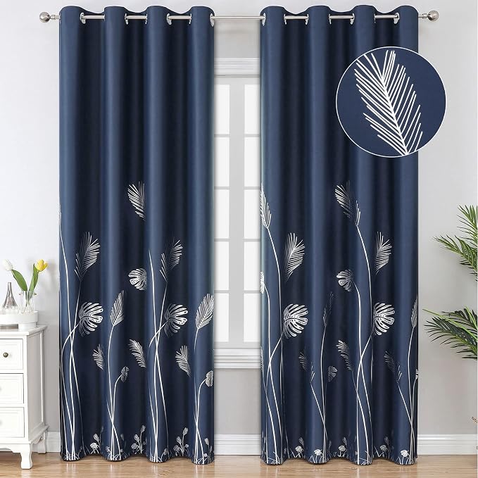 Elegant Silver Palm Tree Pattern Blackout Curtains Foil Print Light Blocking by ESTELARTEXTILER
