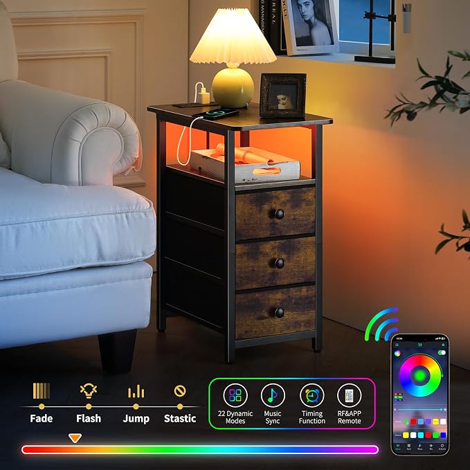Yoobure End Table with Charging Station, LED Narrow Side Table Bedside Table - Image 4