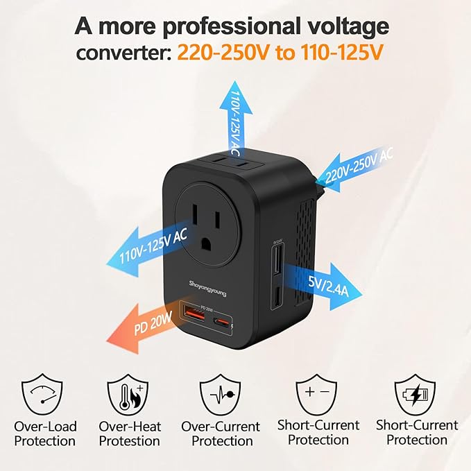Shayangyoung 220V to 110V 20W PD Voltage Converter US to Europe International Universal Travel Adapter with 2 USB A 2 Type-C Port Worldwide Power Converters Plug Combo for Spain Italy (Black)-IZ