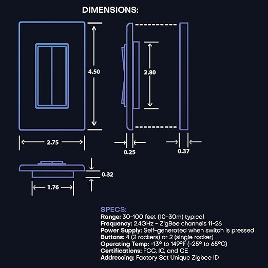 RunLessWire Click for Philips Hue – Battery-Free Wireless Smart Light Switch, 30ft Range – Works Natively with Philips Hue Bridge – Wall Mount Kinetic Switch - Decora Style, Black