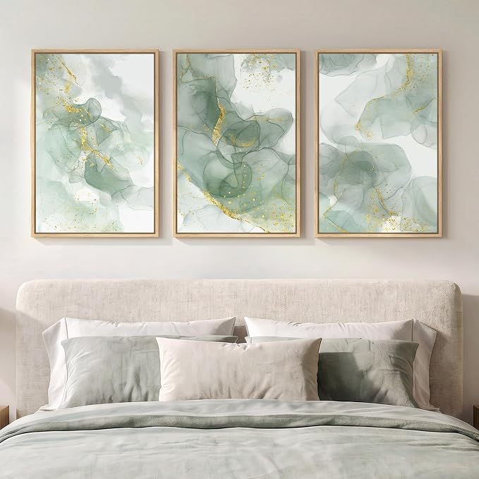 Framed Sage Green Abstract Wall Art, 3 Piece Modern Canvas Prints Paintings by Cuspin