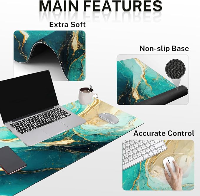 Britimes Green and Gold Marble Keyboard Mouse Pad Set 4in1 Large Mousepad+Keyboard Wrist Rest+Mouse Wrist Rest+Coaster Set with Ergonomic Design for Home Office Computer 35.4x15.7 inches