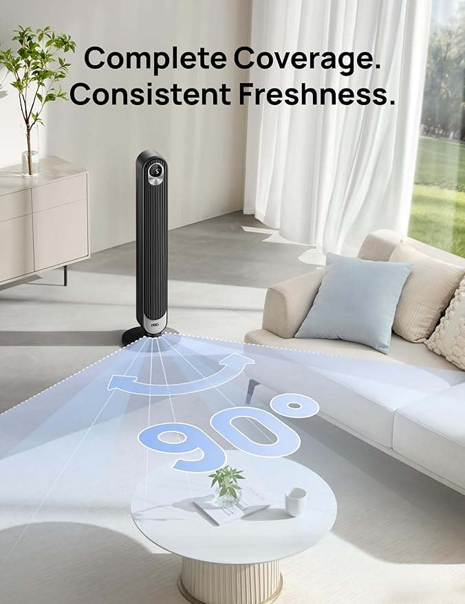 Dreo Tower Fan for Bedroom, 90° Oscillating Standing Fan, 30ft far, 28dB Quiet for Sleep, 6 Speeds, 4 Modes, 12H Timer, 42 Inch, Bladeless, Remote, for Home, Office, Room, Cruiser Pro T1