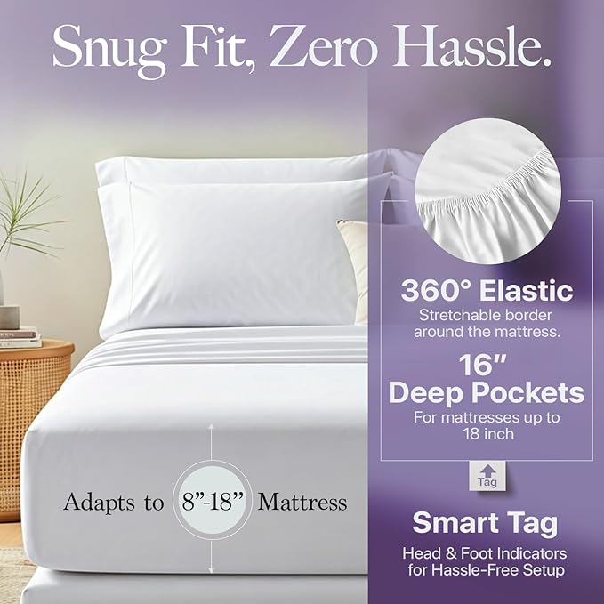 Carressa Linen 100% Egyptian Cotton King Size Sheets Set - 600 Thread Count Egyptian Cotton Sheets King Size (4 PC, Crisp White), Soft, Cooling, 16" Deep Pocket Sateen Weave Luxury Bed Sheet