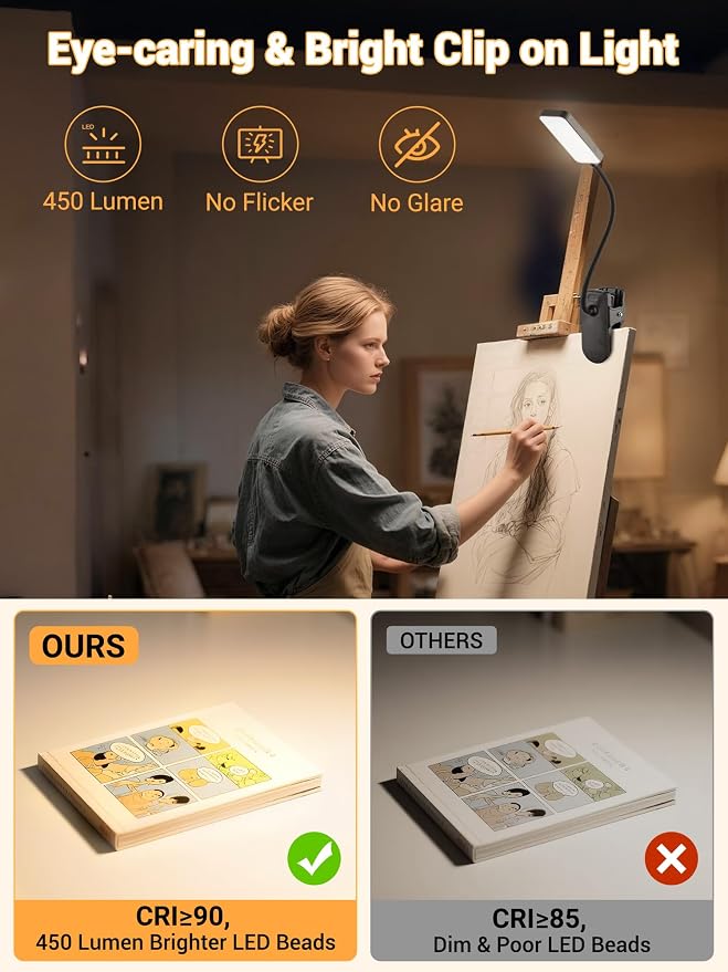 Clip on Light, 9 Brightness+5 Color Rechargeable Lamp, 48 LED Small Desk Lamp | - Image 4