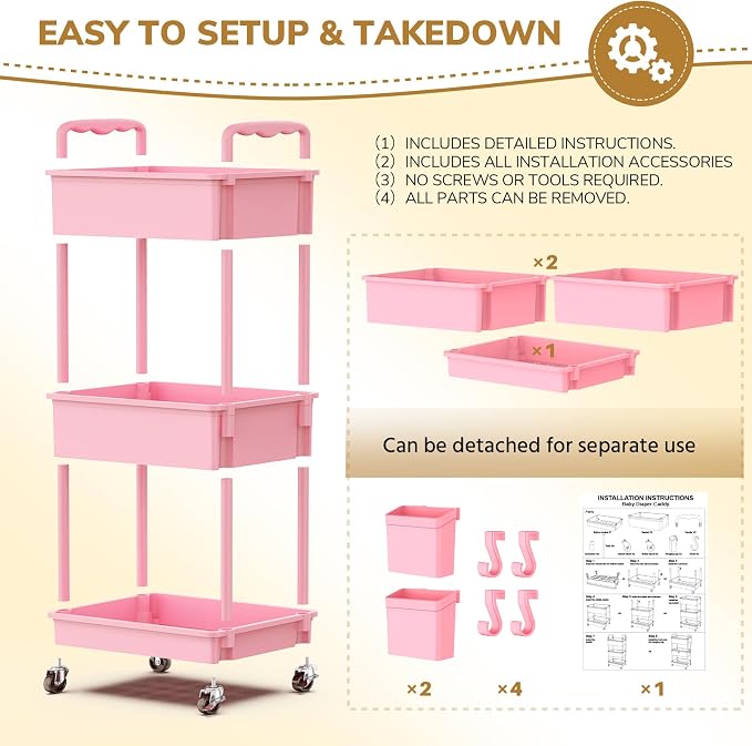 Goovilla Diaper Cart with Lockable Wheels and Easy Assembly, 3 Tier Pink | - Image 6