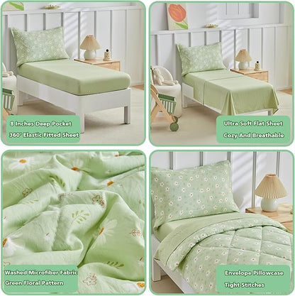 DuShow Green Floral Toddler Bedding Set,4 Pieces Toddler Crib Bed Sheet Set for Girls and Boys,Soft Toddler Comforter Set Includes Comforter,Flat Sheet,Fitted Sheet,Pillowcase