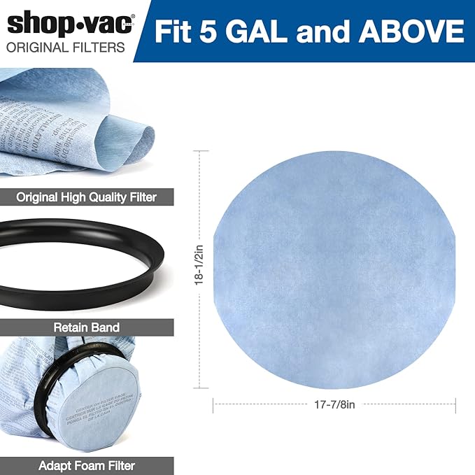 Shop-Vac 90107 Paper Disc Filter Reusable for Most Shop-Vac Wet/Dry Vacuum Cleaners 5 Gallon and Above, Replacement Parts #9010700, 9013700, 6 Pack