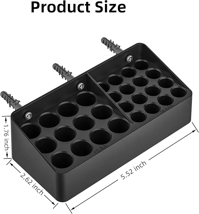 RUDDLIN Battery Storage Organizer Battery Storage Box Black Fits 16 AAA & 12 AA Batteries Divided Battery Holder Fits Wall,Cabinets,Drawers (Case Not Includes Batteries)