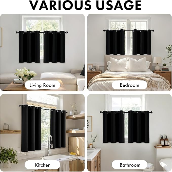 Short Black Half Blackout Curtains W40 x L36 Inch 2 Panels | Thermal Insulated - Image 5