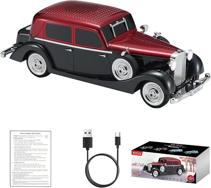 WSTER WS-1934 Retro Classic Car Bluetooth Replica Speaker – Wireless HD Sound with FM Radio,TWS Stereo,LED Party Lights,Built-in Microphone Hands-Free Call, Surprise Portable Gift for Party Use(Red)