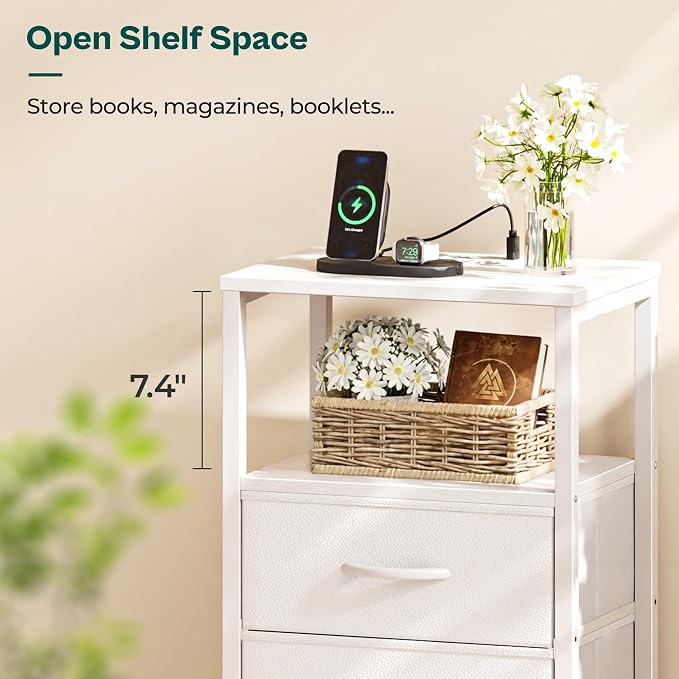 Huuger Nightstand with Charging Station, Side Table with Fabric Drawers | End - Image 7