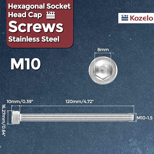 Kozelo 2pcs Socket Head Cap Screws - [M10-1.5 x 120mm] 304 Stainless Steel Allen Socket Drive for Electrical Motor 3D Printing Fan Engine Replacement Use, Silver