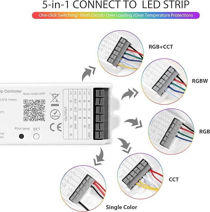 XXK LM052 ZigBee 3.0 LED Strip Controller RGB CCT RGBW 5in1 Dimmable Compatible with Smart Life APP/Alexa Echo/Google Assistant Home/Siri, DC12-24V Lights Controller（Require ZigBee Hub）
