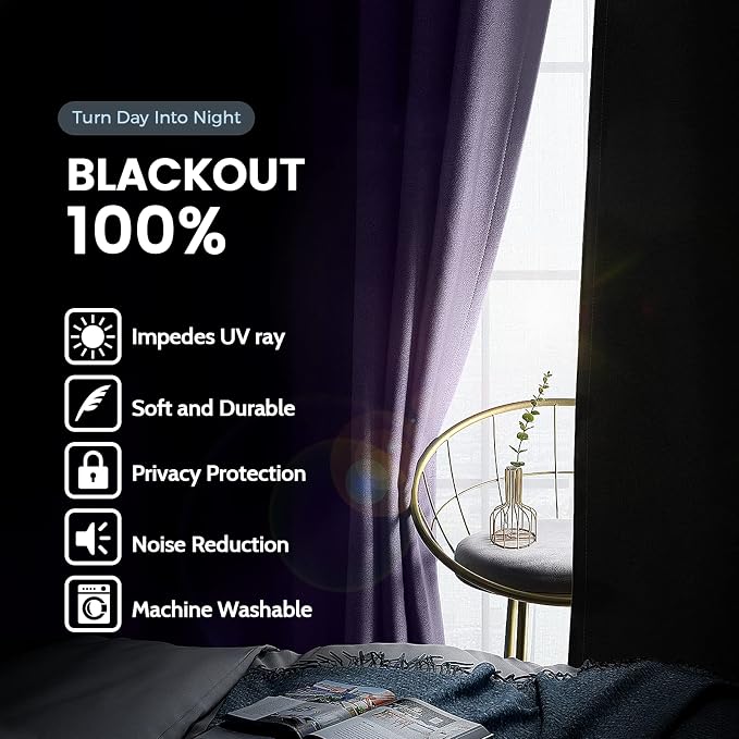 SimpleHome Lilac 100% Blackout Curtains Room Darkening Living Room 45 Inch | - Image 3