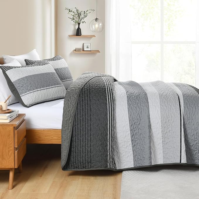 Dinjoy Queen Boho Striped Quilt Set, Balck White Lightweight Bedspread | Soft - Image 7