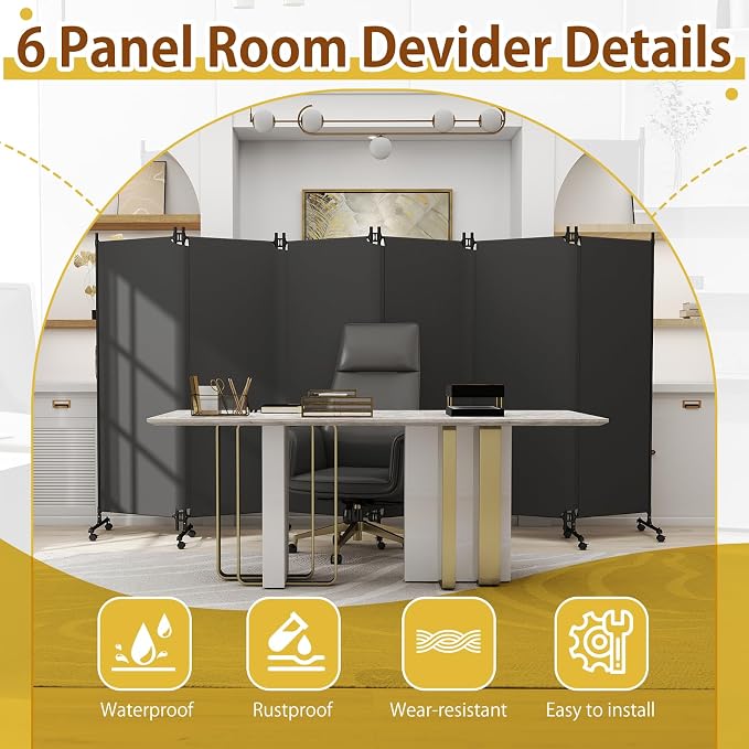 6 Panel Room Divider with Lockable Wheels, Freestanding Partition Room - Image 4