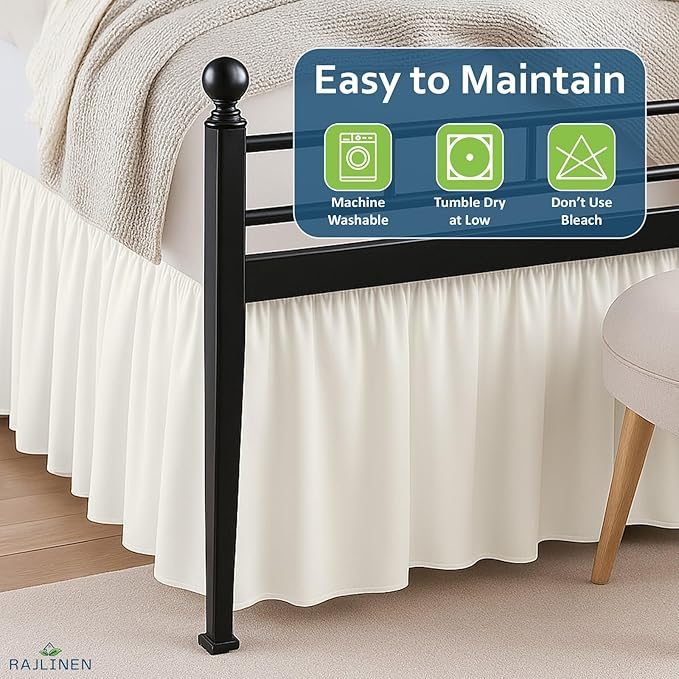 Rajlinen Ruffled Bed Skirt Twin, 16 Inch Drop Dust Ruffle with Split Corners, 100% Microfiber Bedskirt with Platform, Three-Sided Coverage Ruffled Gathering Design, Ivory