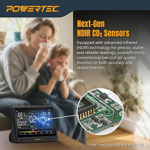 POWERTEC AD1001 Air Quality Monitor with 7” LCD Display – Multi-Sensor CO₂, PM2.5, PM10, HCHO, TVOC Detector, NDIR Sensors, Rechargeable Indoor/Workshop Air Monitor