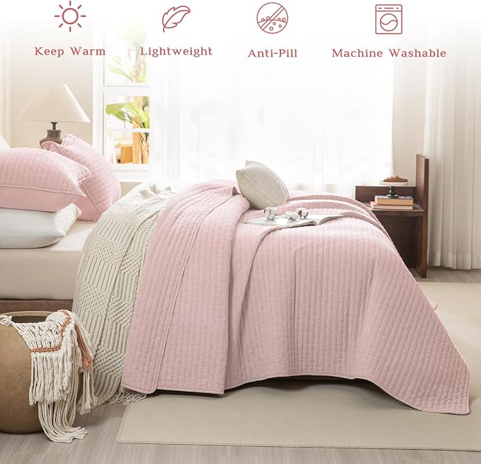 CozyTide Stone-Washed Cotton King Quilt, Blush Pink Stitching Pattern King Size - Image 2