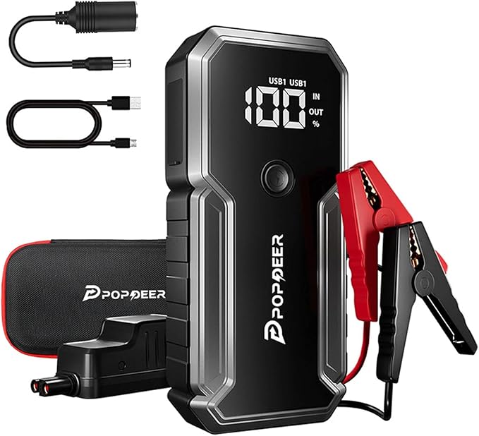 POPDEER Car Battery Jump Starter, 3000A Jump Box (All Gas/ 8.0L Diesel), 12V Car Battery Charger with Dual USB Quick Charge and DC Output, Portable Jump Starter with LED Flashlight