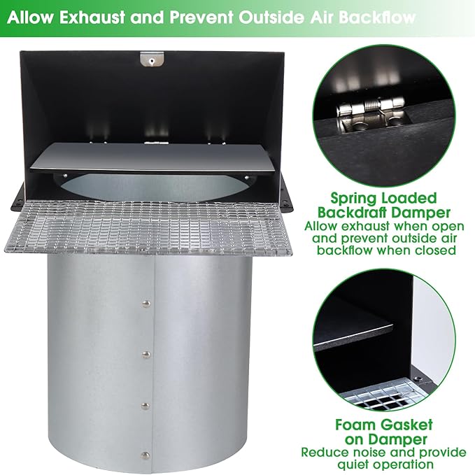 4 Inch Dryer Vent Cover Outside,Dryer Vent Cover Outdoor Wall Vent Hood Dryer Exhaust Vent Cap,Hooded Wall Vent with Screen & Damper,Wall Mount Extractor Vent for Dryer Duct AC,Galvanized Steel,Black