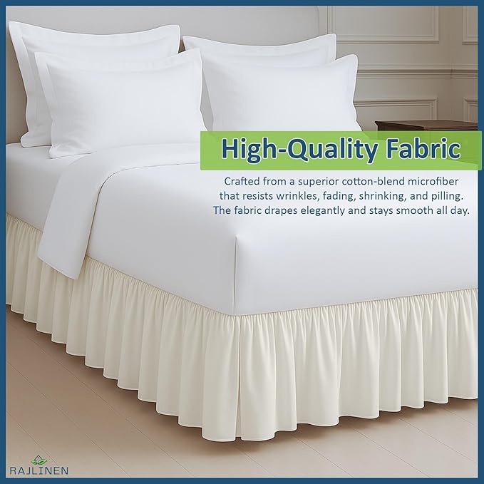Rajlinen Ruffled Bed Skirt Full XL, 16 Inch Drop Dust Ruffle with Split Corners, 100% Microfiber Bedskirt with Platform, Three-Sided Coverage Ruffled Gathering Design, Ivory