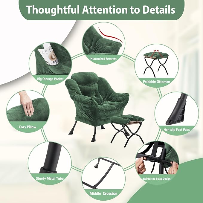 Youtanic Lazy Chair with Folding Ottoman, Accent Chair Plush Upholstered with - Image 6