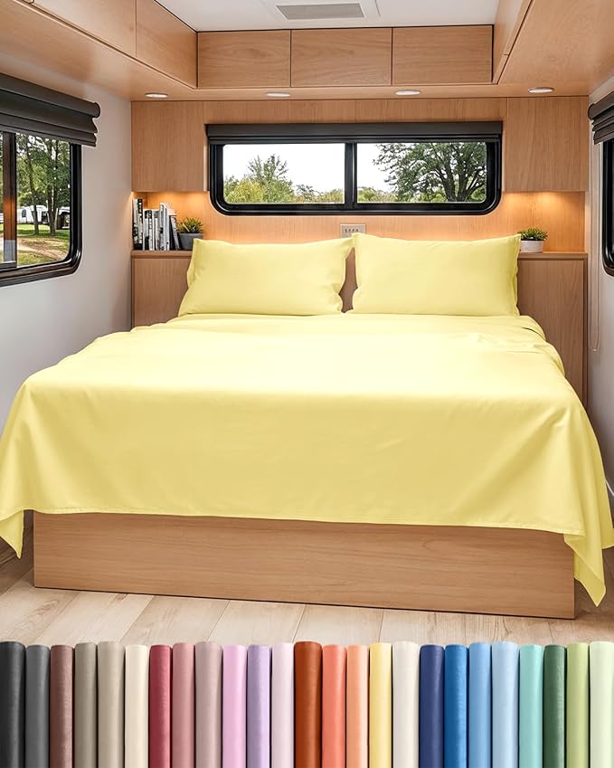 RV Short Queen Sheet Set 60 X 75 - 4 Piece RV Short Queen Bed Sheets - Soft, Breathable & Cooling - Designed for Bunks, Trailers and Campers - Fits 8” to 12" Mattress - Hotel Luxury Bedding - Yellow