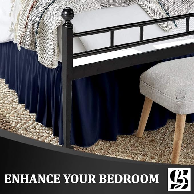 SKY BEDDINGS - Queen Size Ruffled Bed Skirt with Split Corners - 21 Inch Drop Dust Ruffle Bed Skirt with Platform Three Sided Coverage - 100% Microfiber, Navy Blue