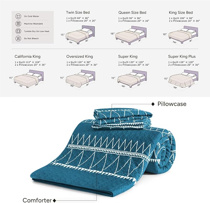 Teal California King Quilt Set, 3 Pieces Boho Striped Bedspread | Soft - Image 6