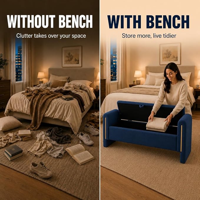 52" Upholstered Storage Bench, Wood Frame | Mid-century storage ottoman bench - Image 7