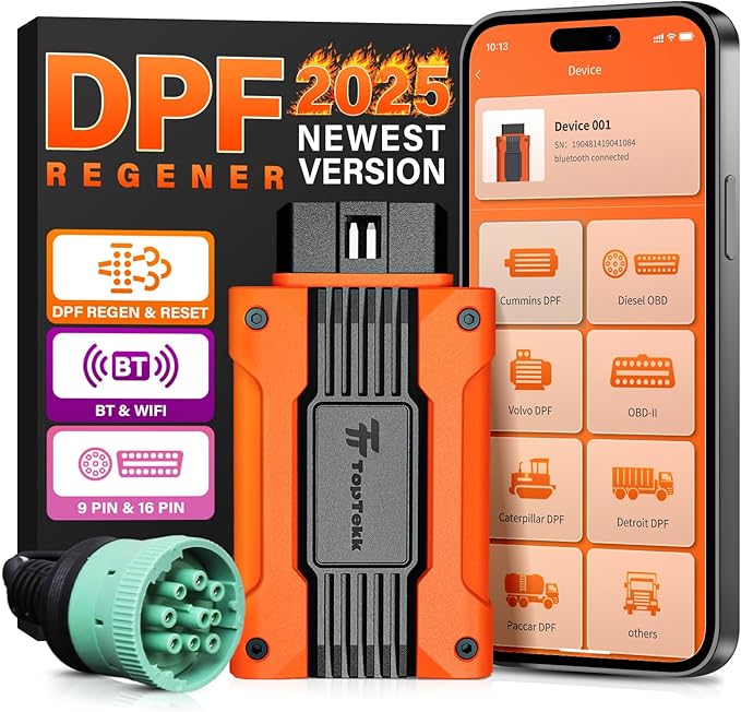 TopTekk Smart DPF Regeneration Tool, DPF Reset Device for Heavy Duty Trucks, Compatible with Paccar Engines, Real-Time Data Monitoring and Code Reset