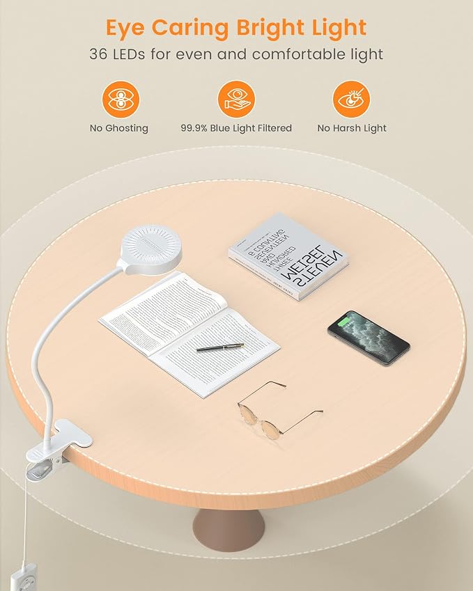 Glocusent 5W Desk Lamp with Remote, 3 Colors & 5 Brightness Reading Lights | - Image 2