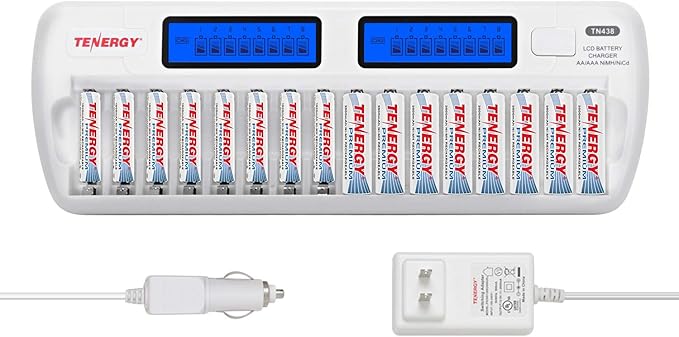Tenergy TN438 16-Slot Smart Battery Charger for AA AAA NiMH NiCd Batteries with LCD Display + 8 AA and 8 AAA Premium Rechargeable Batteries