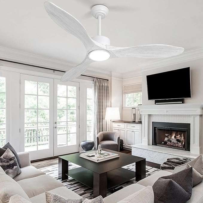 revoici 52 Inch White Ceiling Fan with Lights and Remote, Retro White Wood Low Profile Flush Mount Modern Ceiling Fan for Indoor Farmhouse Bedroom Living Room Outdoor Patio Porch, Reversible DC Motor
