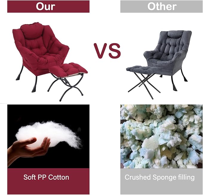 Lazy Chair with Ottoman, Comfy Accent Reading Chair, Burgundy | Foldable - Image 7